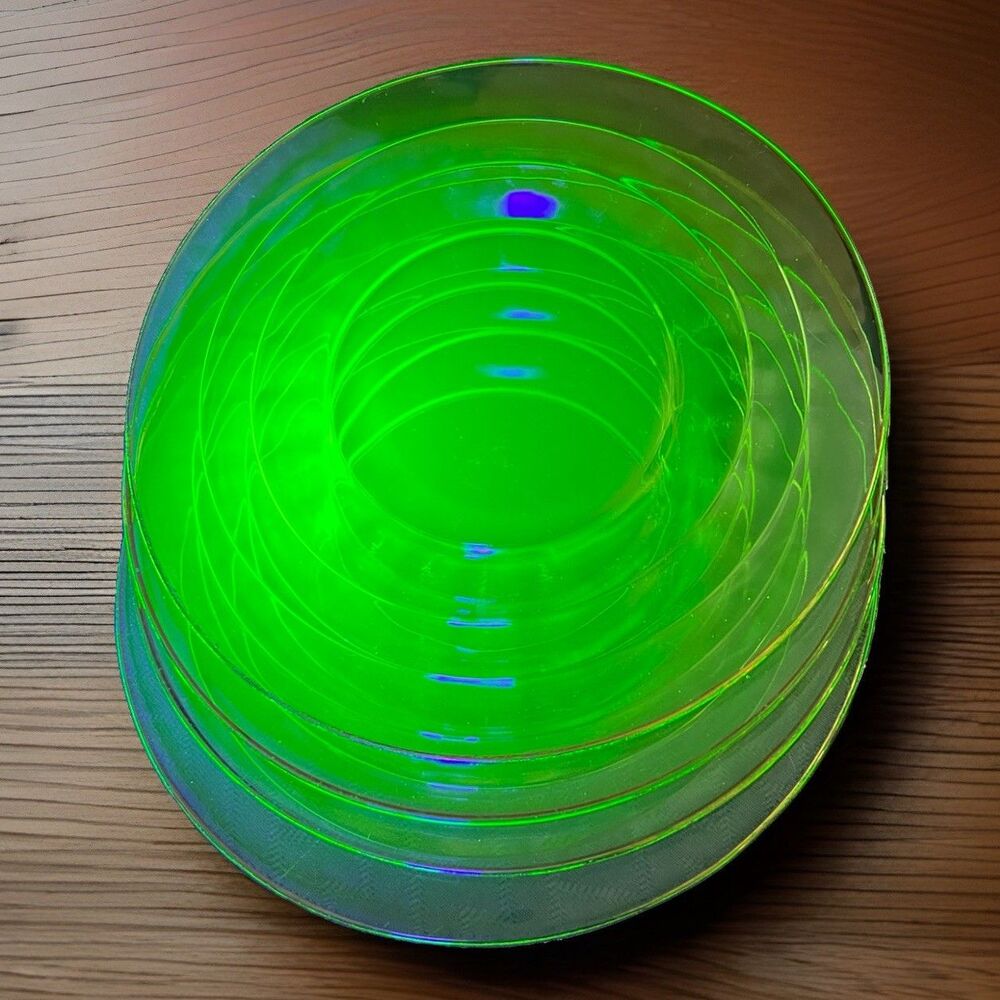 Set of 4 Uranium GLOW 8.25” Plates Hocking Glass Co Depression Glass Gold Rimmed